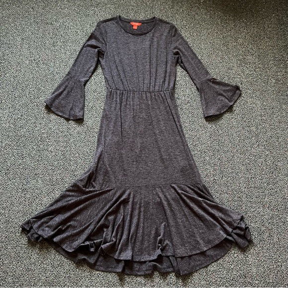 JOE FRESH Grey Long-Sleeve Jersey Stretch Modest Dress Ruffle Hem Bell Sleeve S - Picture 12 of 16